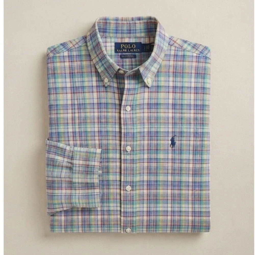 Polo Ralph Lauren Mens XLT Multi Color Plaid 100% Linen Cotton Button Down Shirt